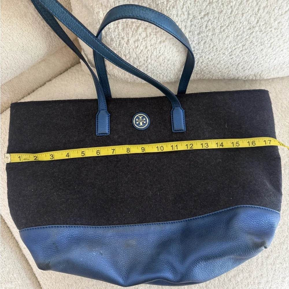 Tory Burch Emma Gray Wool & Metallic Blue Leather Tote‎ Bag